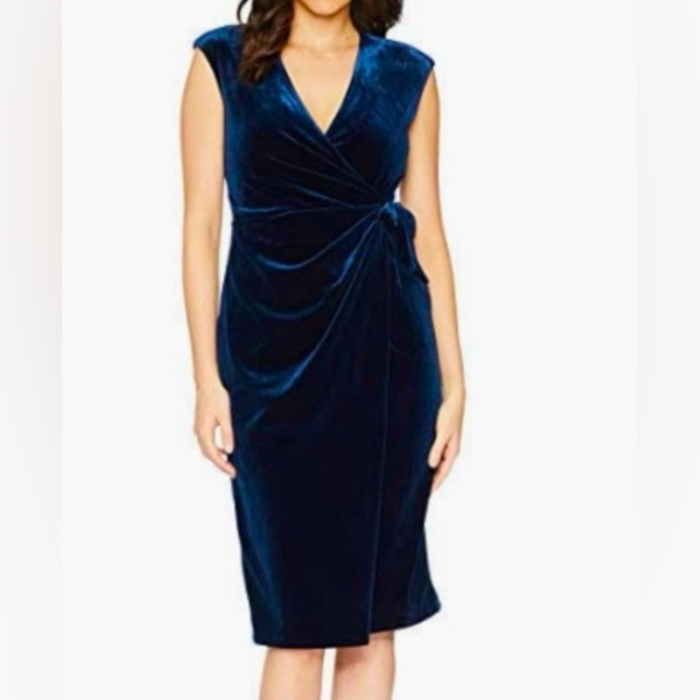 Maggy London Blue Velvet Faux Warp Dress Size 6